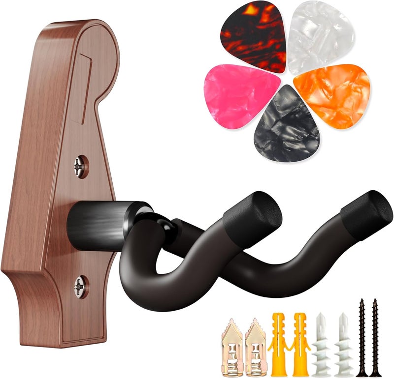 DIDA Guitar Wall Mount - U-Shape Guitar Wall Hangers, Guitar Accessories with 5 Guitar Picks, Guitar Wall Mount Hanger for Acoustic Guitar, Electric Guitar, Banjo, Bass, Mandolin (Style A-Rosewood) - Image 1